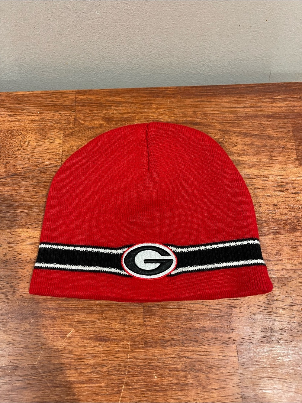 Top of the World Red Knit Beanie with Black & White Team Stripe